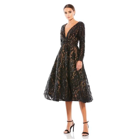 MAC DUGGAL Black Nude Sequin Lace Burnout Embellished A-Line Dress Size 4 NWT - Picture 1 of 16